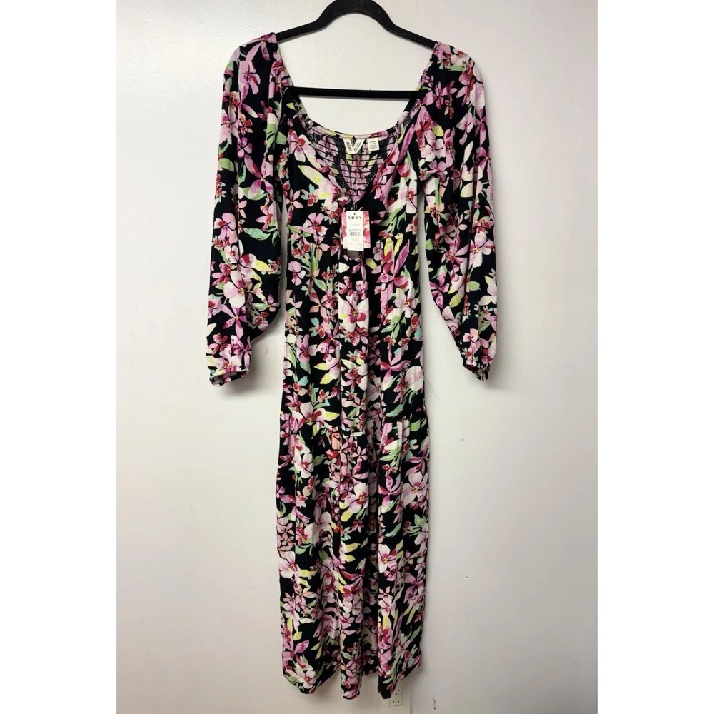 Roxy On Holiday Floral Maxi Dress Size Small Boho Long Puff Sleeve Vacation NEW